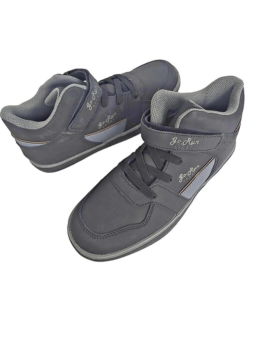 Go Run Sport Hightop Black Gray Sneakers Lace Up Hook Loop Strap Size 38/7.5